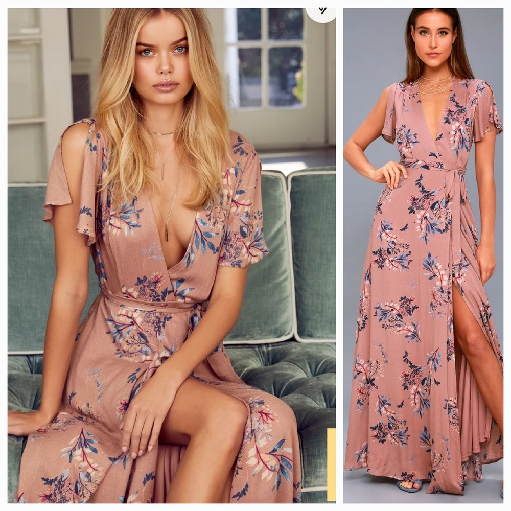 Lulu's Fiorire Rusty Rose Floral Print Wrap Maxi Dress! Size Medium.